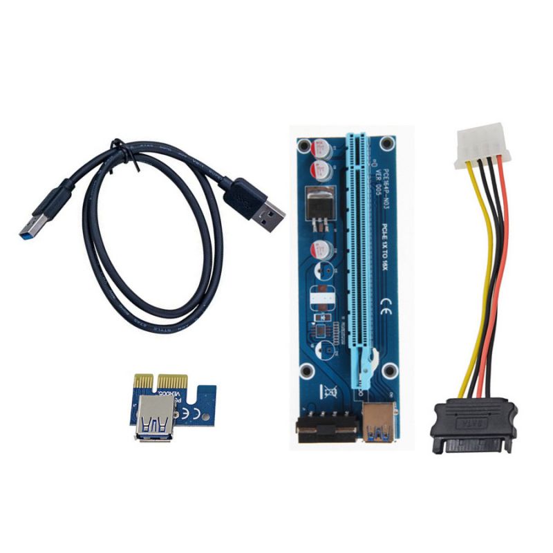 Райзер для видеокарты Riser Card Ver 006, PCI-E x16, molex 4 pin, USB 3.0, 60см, синий, кабели в комплекте